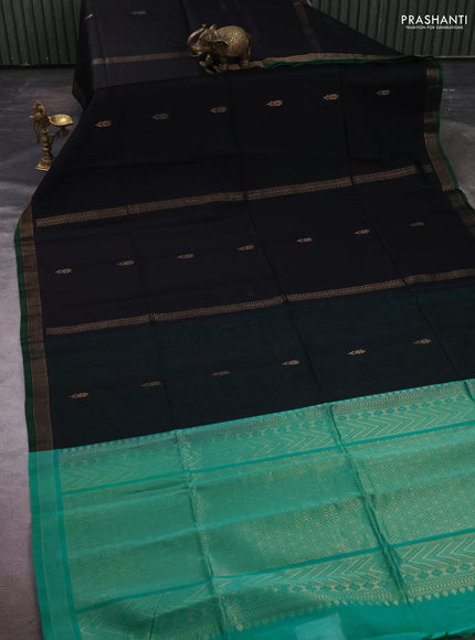 Kora silk cotton saree black and teal green with allover zari woven buttas and zari line border