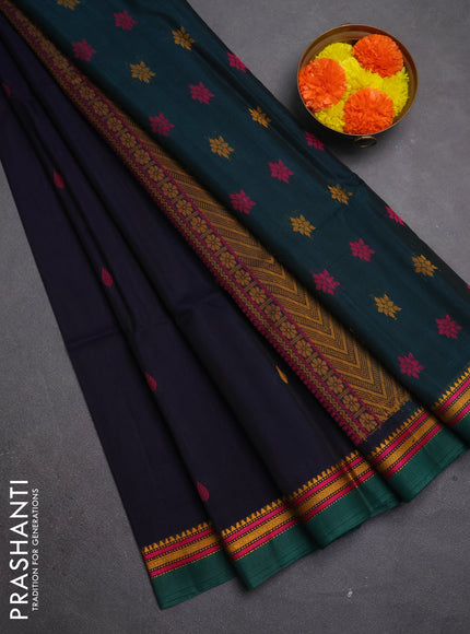 Kora silk cotton saree dark navy blue and green with allover thread woven buttas and temple design thread woven border