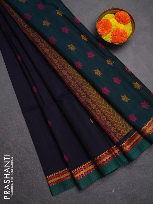 Kora silk cotton saree dark navy blue and green with allover thread woven buttas and temple design thread woven border