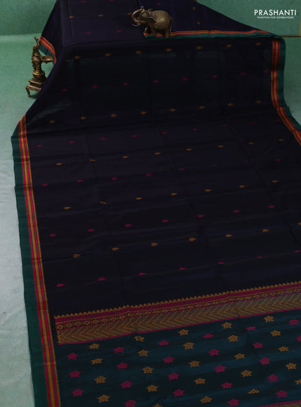 Kora silk cotton saree dark navy blue and green with allover thread woven buttas and temple design thread woven border