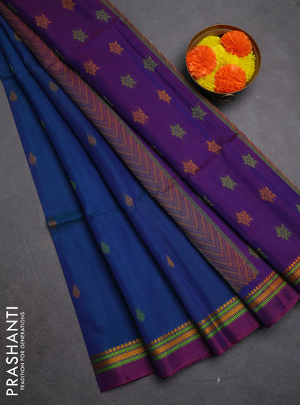 Kora silk cotton saree peacock green and purple with allover thread woven buttas and temple design thread woven border