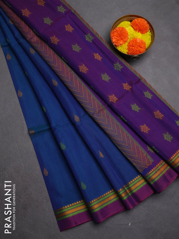 Kora silk cotton saree peacock green and purple with allover thread woven buttas and temple design thread woven border