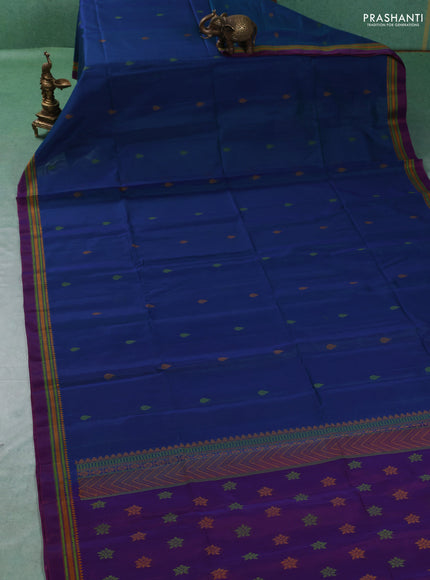 Kora silk cotton saree peacock green and purple with allover thread woven buttas and temple design thread woven border