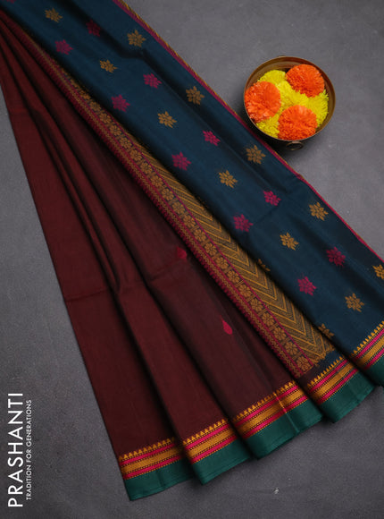Kora silk cotton saree deep maroon and peacock green with allover thread woven buttas and temple design thread woven border