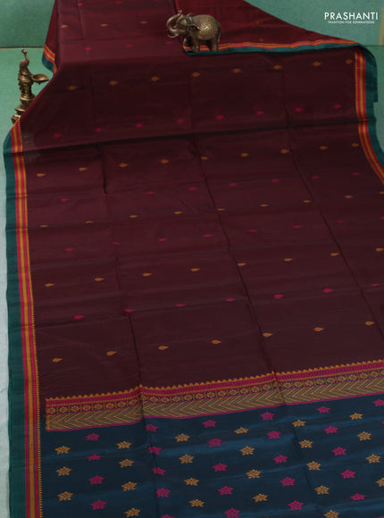 Kora silk cotton saree deep maroon and peacock green with allover thread woven buttas and temple design thread woven border