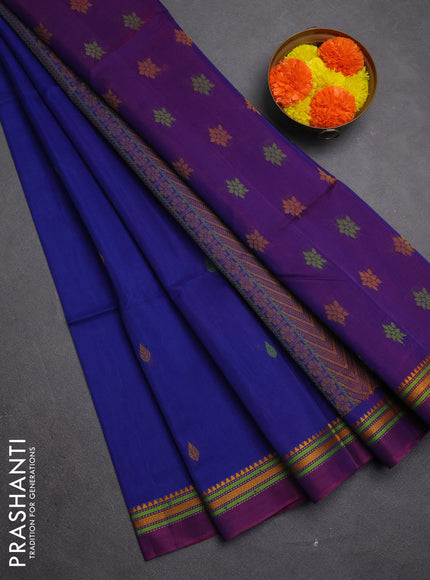 Kora silk cotton saree blue and purple with allover thread woven buttas and temple design thread woven border