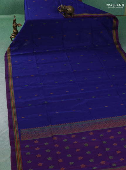 Kora silk cotton saree blue and purple with allover thread woven buttas and temple design thread woven border
