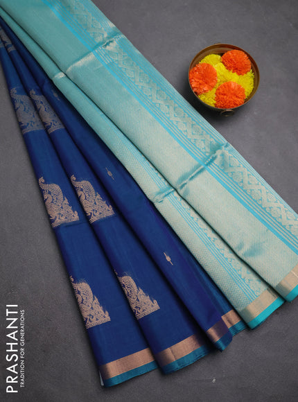 Kora silk cotton saree peacock blue and teal green with zari woven buttas and zari woven border
