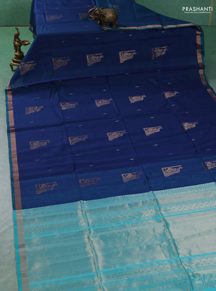 Kora silk cotton saree peacock blue and teal green with zari woven buttas and zari woven border
