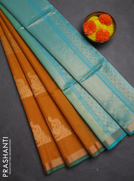 Kora silk cotton saree mustard yellow and teal green with zari woven buttas and zari woven border