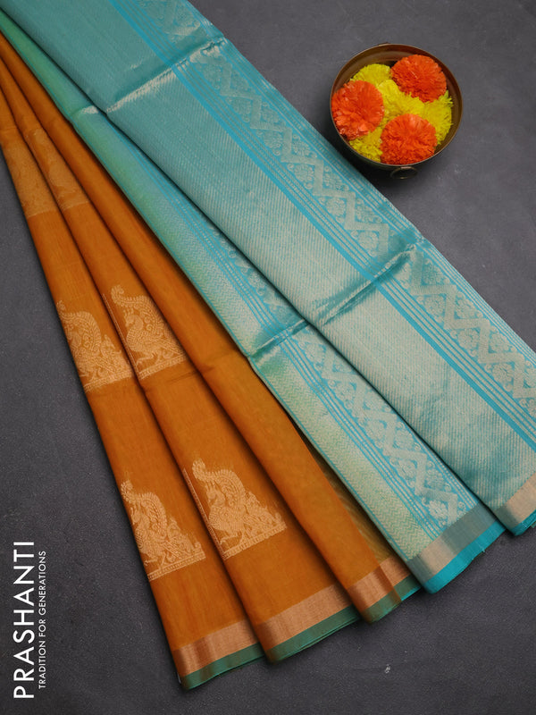 Kora silk cotton saree mustard yellow and teal green with zari woven buttas and zari woven border
