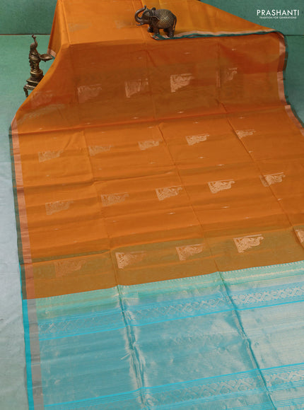Kora silk cotton saree mustard yellow and teal green with zari woven buttas and zari woven border