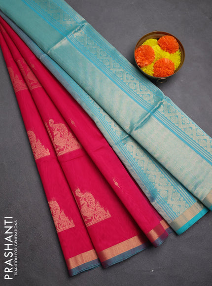 Kora silk cotton saree pink and teal green with zari woven buttas and zari woven border
