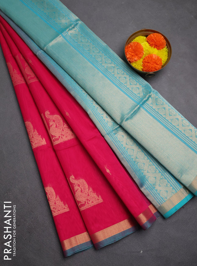 Kora silk cotton saree pink and teal green with zari woven buttas and zari woven border