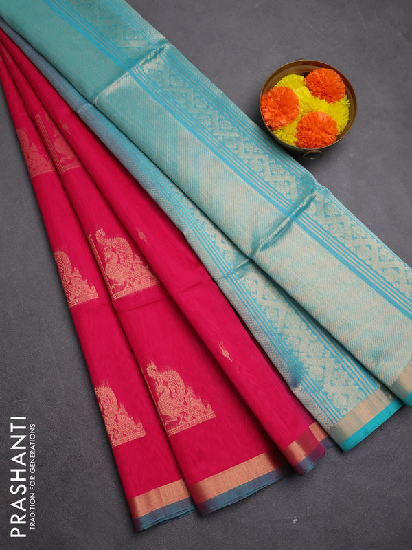 Kora silk cotton saree pink and teal green with zari woven buttas and zari woven border