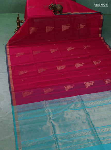 Kora silk cotton saree pink and teal green with zari woven buttas and zari woven border