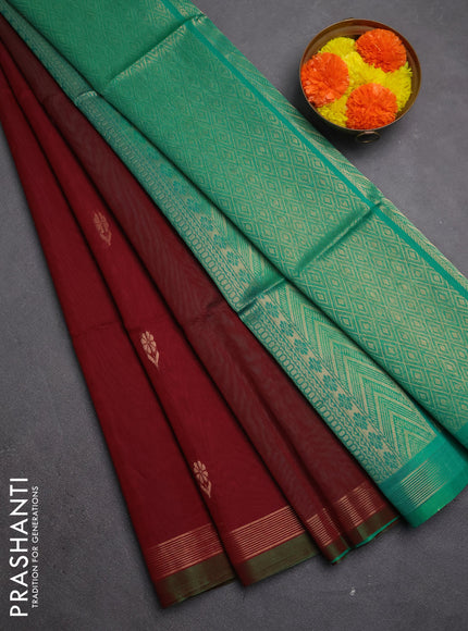 Kora silk cotton saree maroon and teal green with zari woven buttas and zari line border
