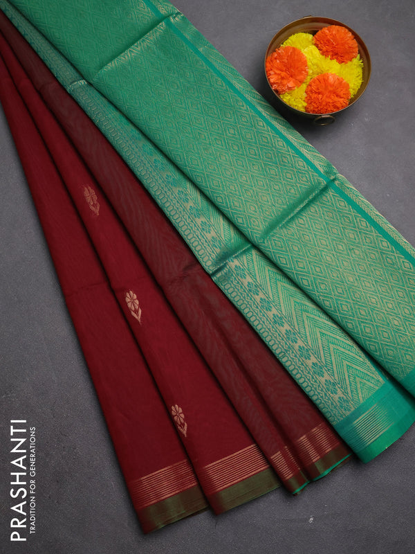 Kora silk cotton saree maroon and teal green with zari woven buttas and zari line border