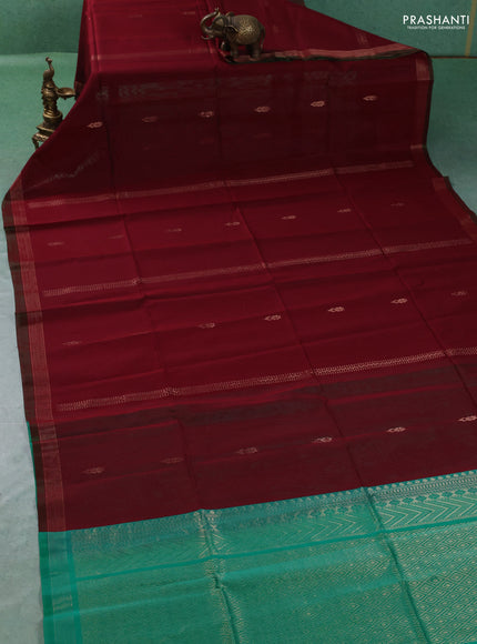 Kora silk cotton saree maroon and teal green with zari woven buttas and zari line border