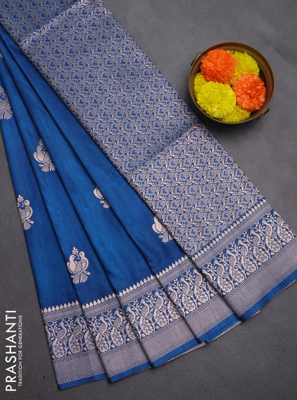 Semi soft silk saree peacock blue with allover zari woven buttas and zari woven border