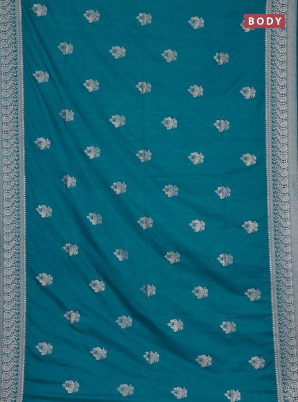 Semi soft silk saree teal blue with allover zari woven buttas and zari woven border