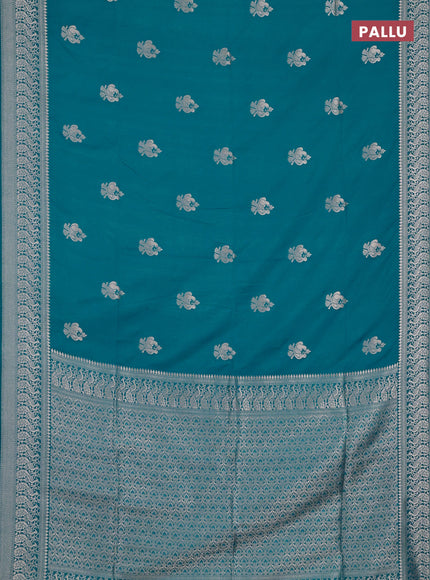 Semi soft silk saree teal blue with allover zari woven buttas and zari woven border