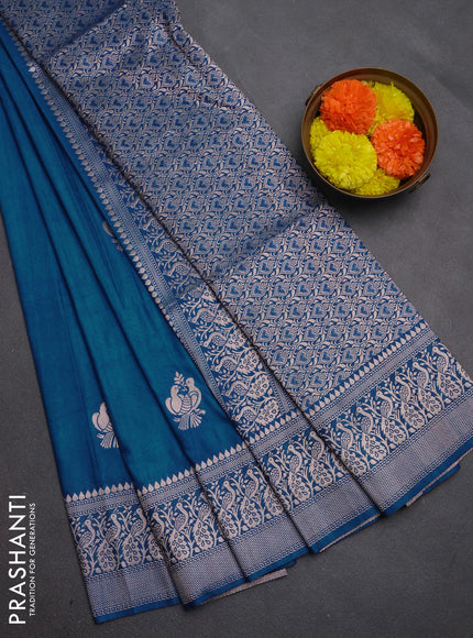 Semi soft silk saree peacock blue with allover zari woven buttas and zari woven border