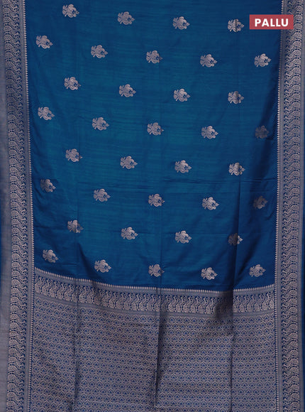 Semi soft silk saree peacock blue with allover zari woven buttas and zari woven border