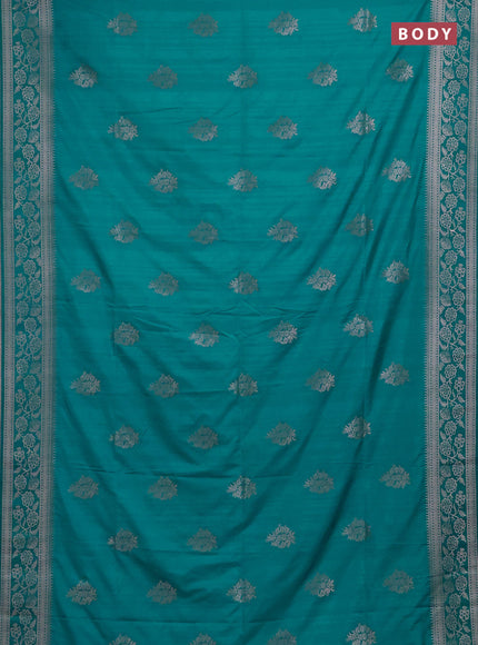 Semi soft silk saree teal blue with floral zari woven buttas and zari woven border