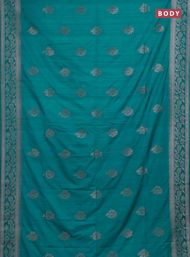 Semi soft silk saree teal blue with floral zari woven buttas and zari woven border