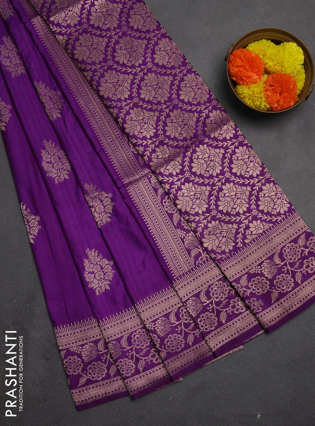 Semi soft silk saree purple with floral zari woven buttas and zari woven border