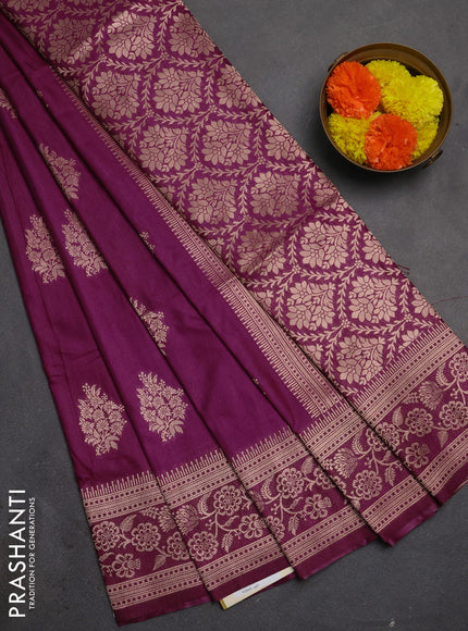 Semi soft silk saree wine shade with floral zari woven buttas and zari woven border