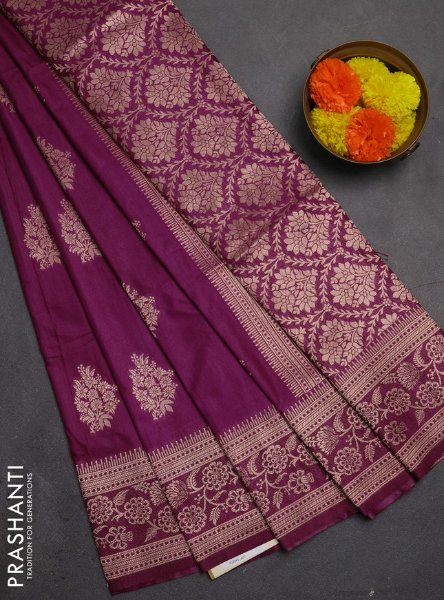 Semi soft silk saree wine shade with floral zari woven buttas and zari woven border