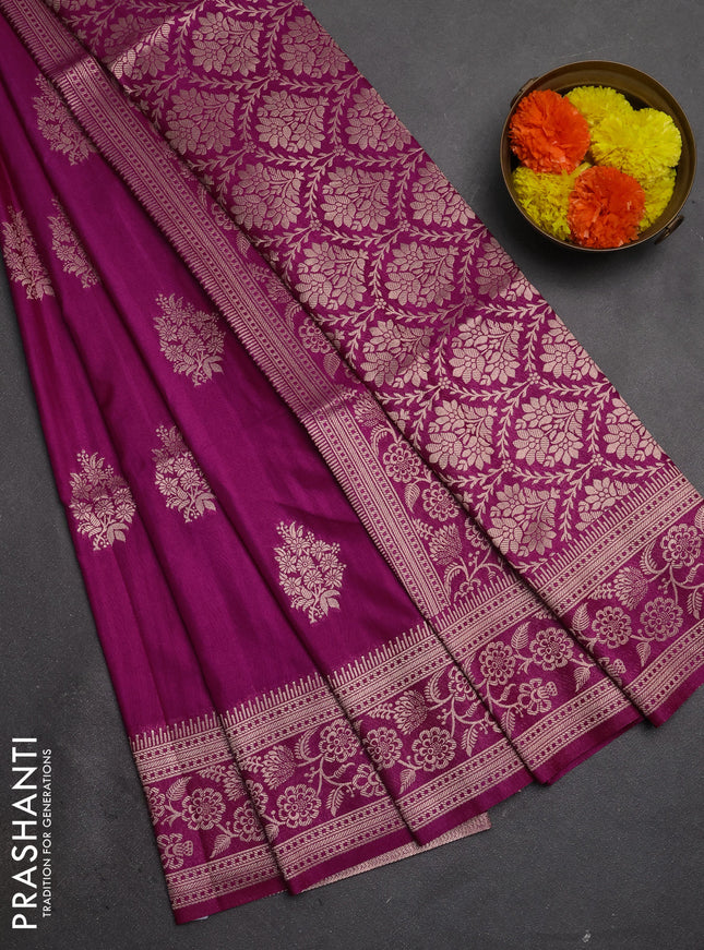 Semi soft silk saree magenta pink with floral zari woven buttas and zari woven border