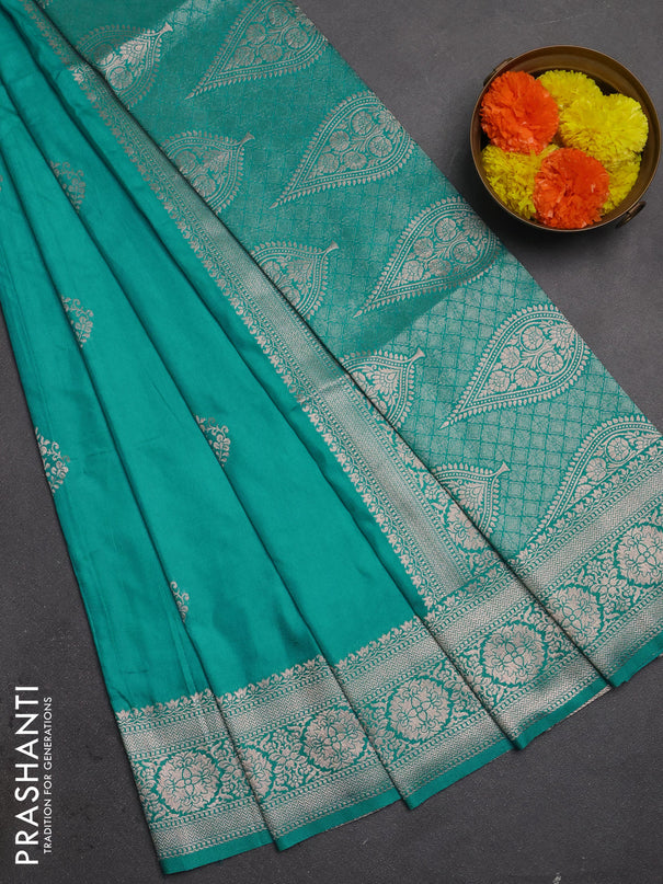 Semi soft silk saree teal blue with zari woven buttas and zari woven border