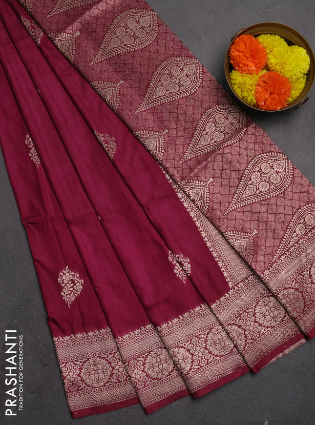 Semi soft silk saree wine shade with zari woven buttas and zari woven border