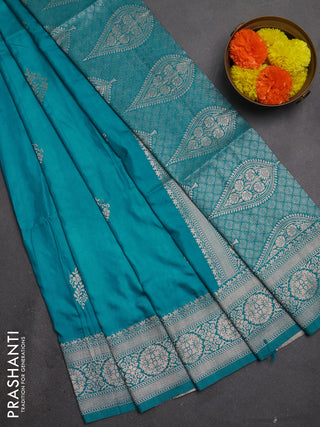 Semi soft silk saree teal blue with zari woven buttas and zari woven border