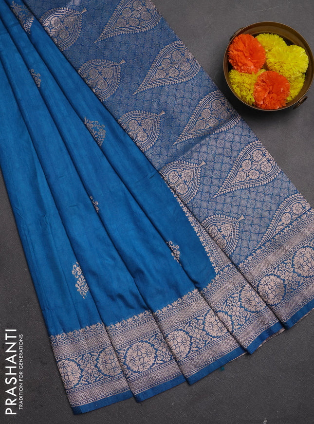 Semi soft silk saree peacock blue with zari woven buttas and zari woven border