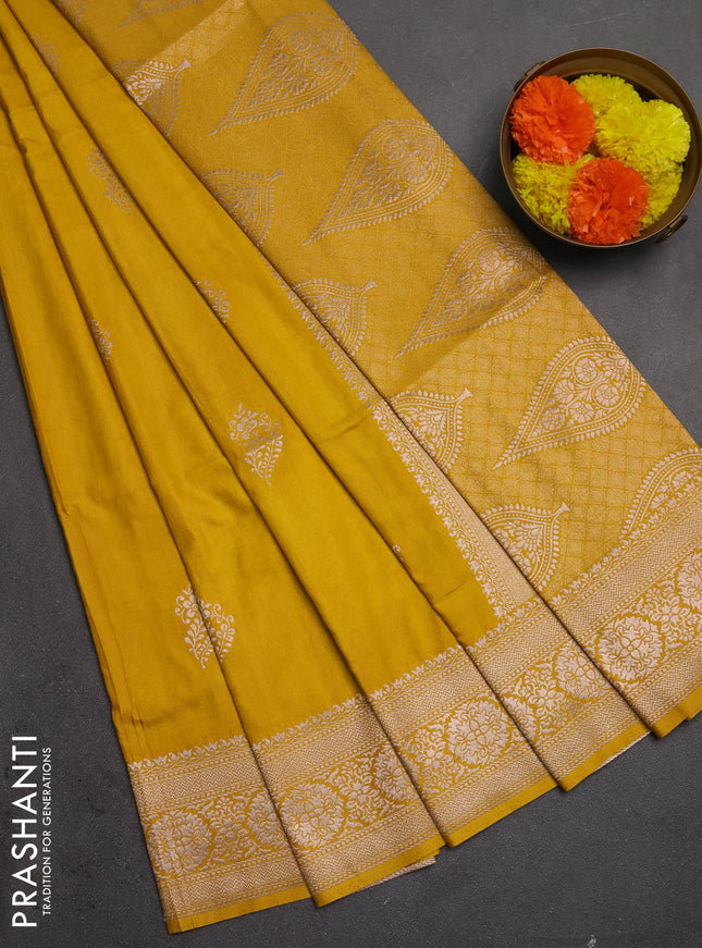 Semi soft silk saree mustard yellow with zari woven buttas and zari woven border
