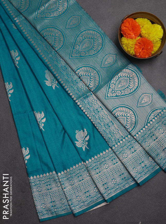 Semi soft silk saree teal blue shade with zari woven buttas and zari woven border