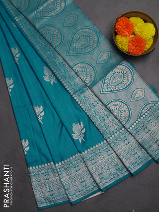Semi soft silk saree teal blue shade with zari woven buttas and zari woven border