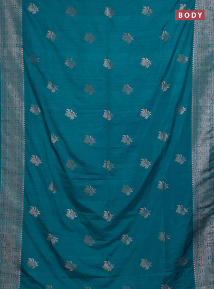 Semi soft silk saree teal blue shade with zari woven buttas and zari woven border