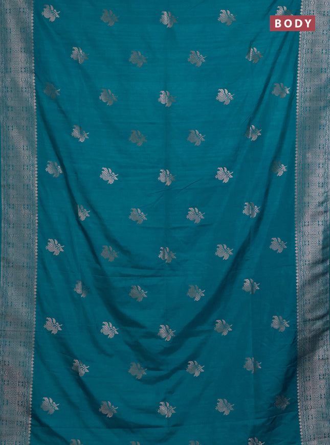 Semi soft silk saree teal blue shade with zari woven buttas and zari woven border