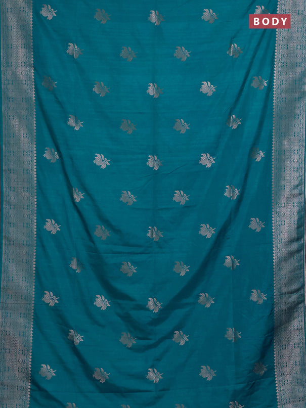 Semi soft silk saree teal blue shade with zari woven buttas and zari woven border