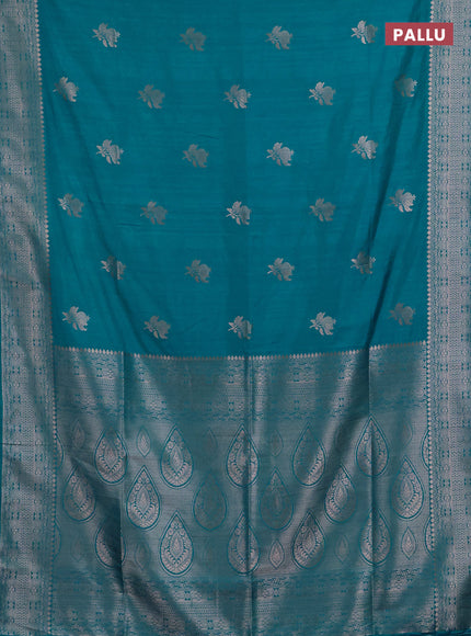 Semi soft silk saree teal blue shade with zari woven buttas and zari woven border