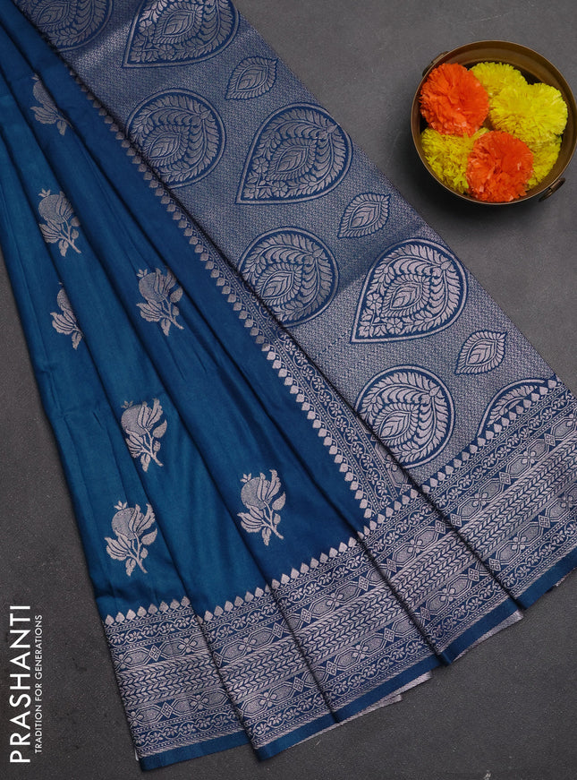 Semi soft silk saree peacock blue with zari woven buttas and zari woven border