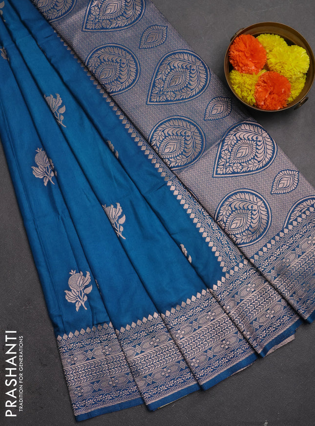 Semi soft silk saree peacock blue with zari woven buttas and zari woven border