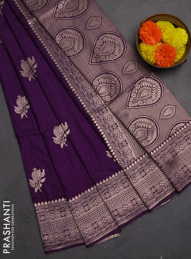 Semi soft silk saree deep purple with zari woven buttas and zari woven border