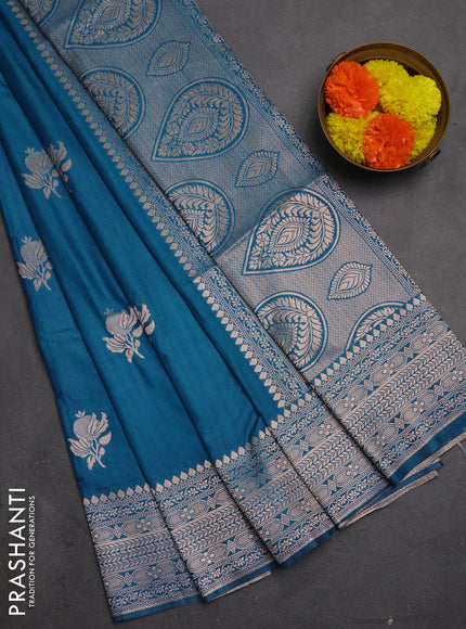 Semi soft silk saree cs blue with zari woven buttas and zari woven border