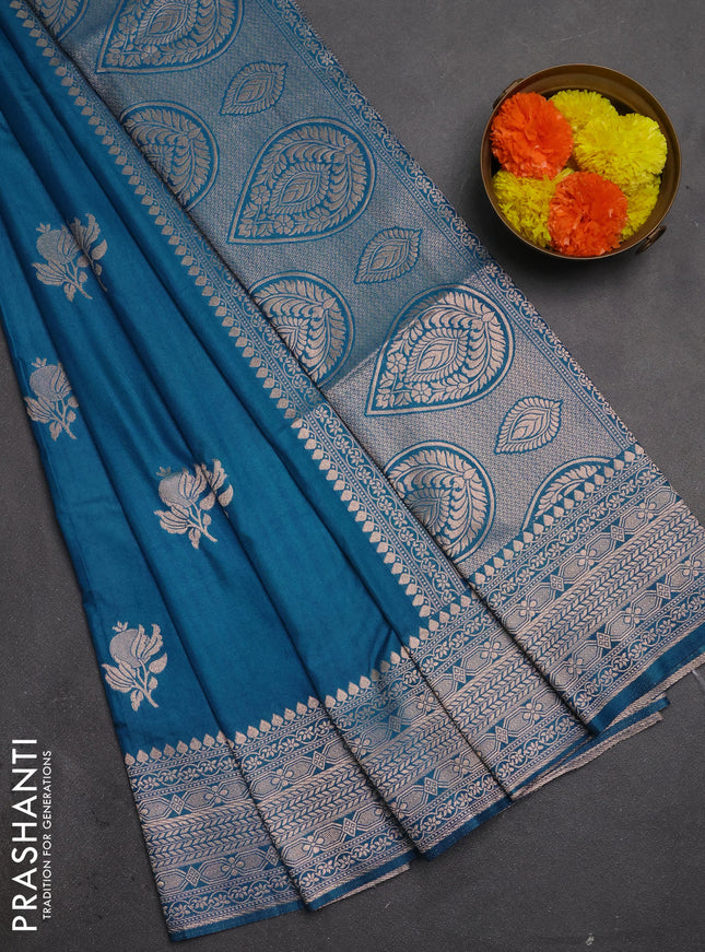 Semi soft silk saree cs blue with zari woven buttas and zari woven border